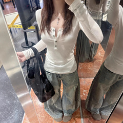 美式白色亨利U领正肩长袖t恤女秋季2025新款修身显瘦收腰辣妹上衣