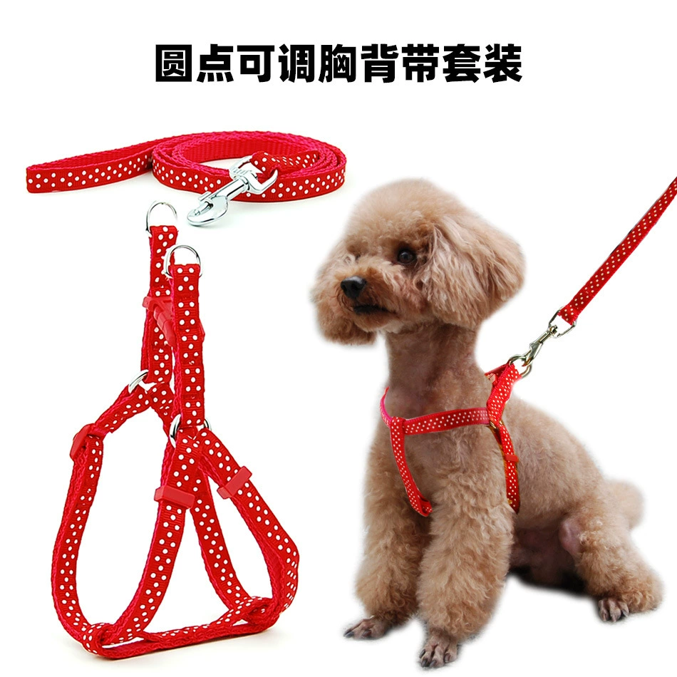 Регулируемый набор шлейки и поводка с точечным узором для прогулок с собаками и кошками, подходит для мелких и средних животных.