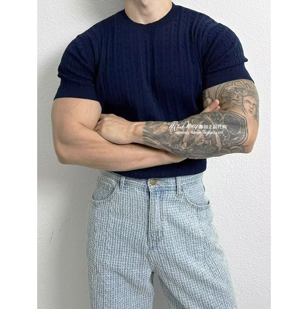 Suéter de punto de manga corta torta sensación de textura masculina Negocio británico autocultivo muscular seda de hielo verano comercio exterior transfronterizo al por mayor