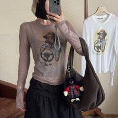 现货韩国小众潮牌25早秋新款可爱卡通小狗圆领修身长袖上衣女