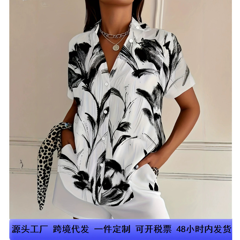 Southeast Asia Cross-Border Women's Short-Sleeved Shirt with Ink Painting Print, Casual Loose Lapel Shirt, Women's Clothing Foreign Trade Supply
