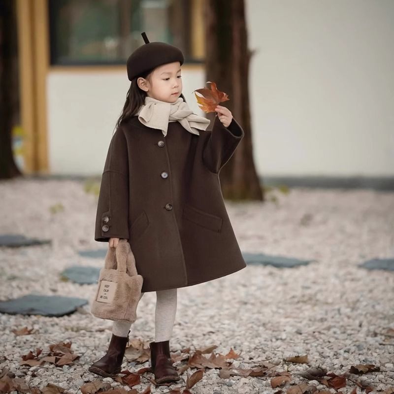 韩版女童呢大衣外套2024新款女中小童复古时髦连帽呢子大衣