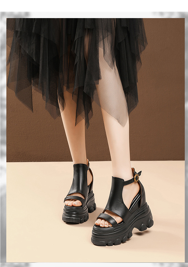 Giày sandal cao gót nữ hở mũi phong cách La Mã, đế xuồng cao 14 cm, da thật, gót vuông, quai mảnh — màu nâu, màu đen chi tiết 12