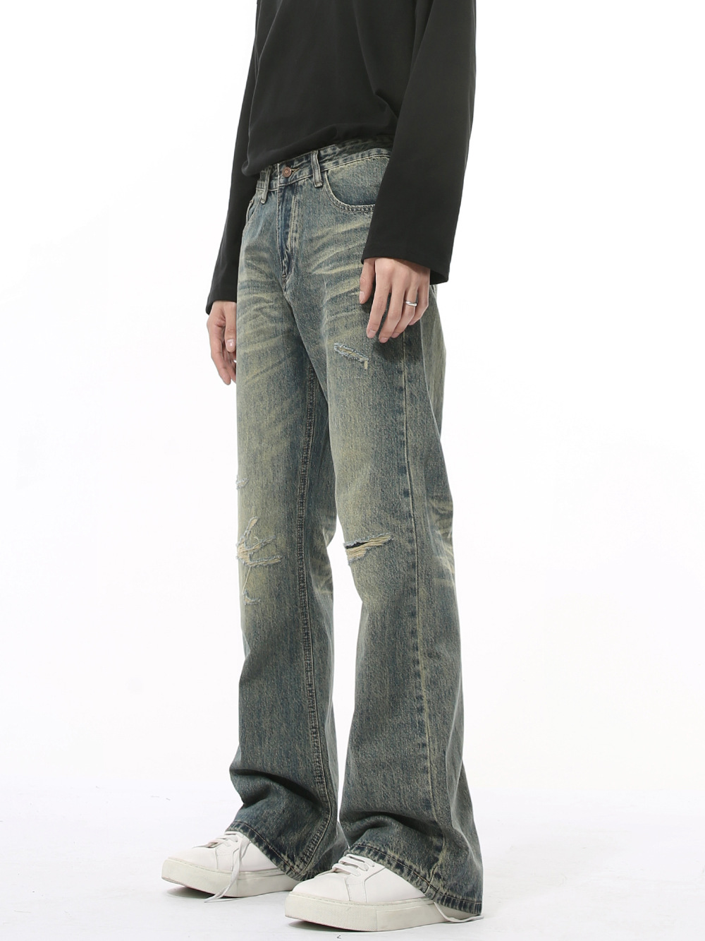 MTLCLOTHES Hombres| Nuevos productos de otoño pantalones agujeros de la calle, piernas largas sueltas lavadas con agua para hacer pantalones rectos viejos