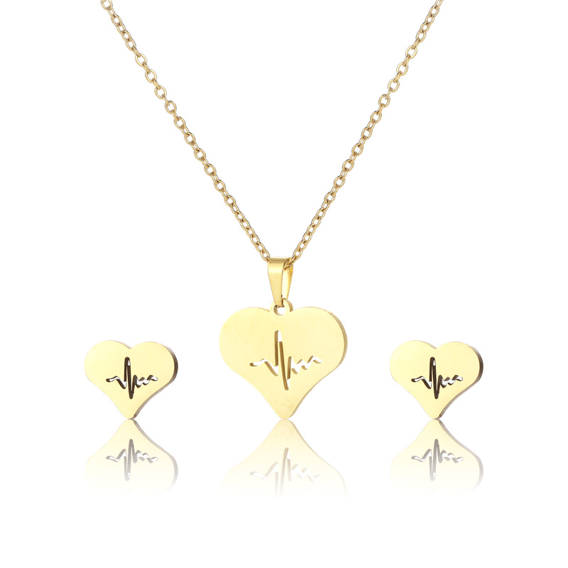 hollow ECG pendant earrings stainless steel heart-shaped jewelry three-piece set