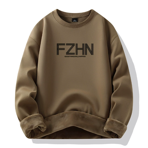 Dark khaki-round neck plus velvet-FZ