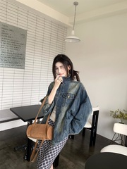 2025新款慵懒风蓝色复古做旧立领长袖牛仔外套女秋季宽松百搭上衣