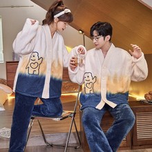 珊瑚绒睡衣女冬季情侣V领开衫加绒加厚法兰绒男士保暖家居服套装