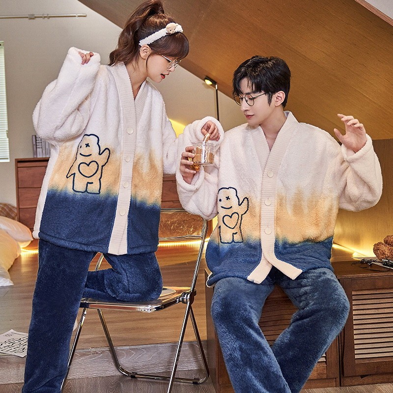 珊瑚绒睡衣女冬季情侣V领开衫加绒加厚法兰绒男士保暖家居服套装
