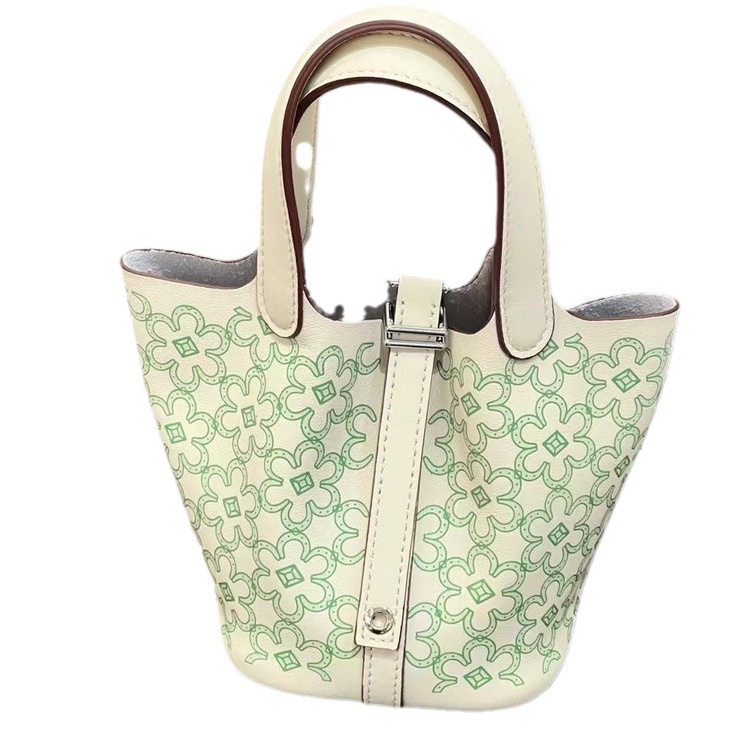 2024 Neue echte Lederkopfschicht Rindsleder Mini-Gemüsekorb Siebdruck Blumeneimer Kordelzug Offene Damentasche_voghion.com