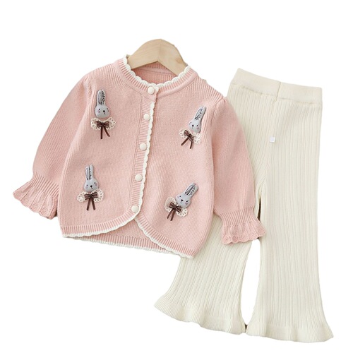 Children's sweater set of two pieces, knitted set,  autumn and winter new cartoon rabbit girl sweet knit sweater