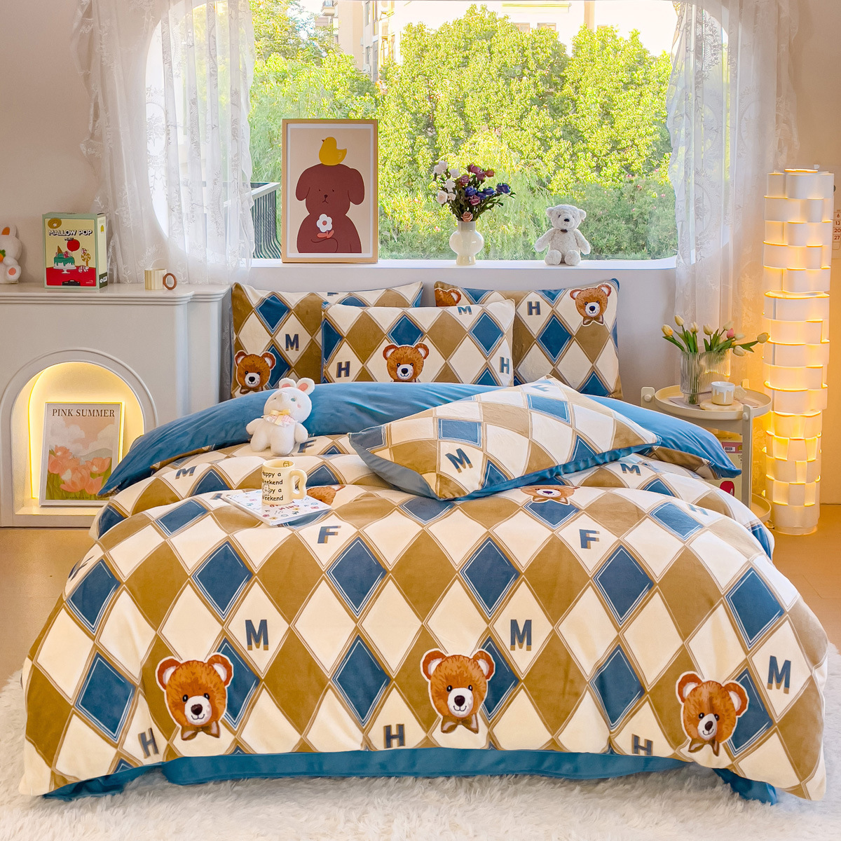 체크무늬 곰-[두껍고 따뜻한 밀크벨벳 4종세트]