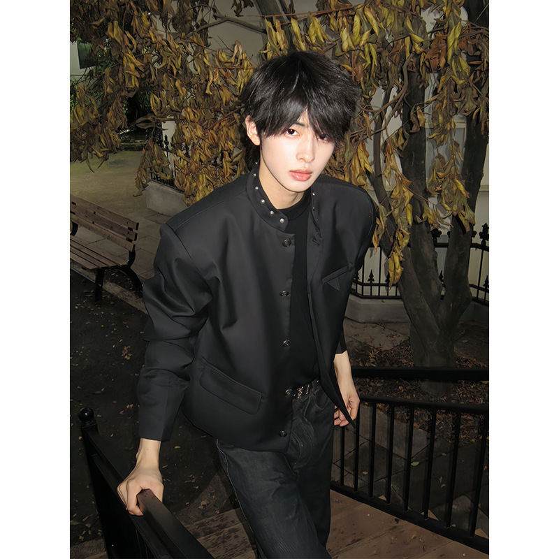 Unique Design Black Short Stand Collar Blazer for Men, Autumn Stylish High-End Shoulder Pad Suit Jacket