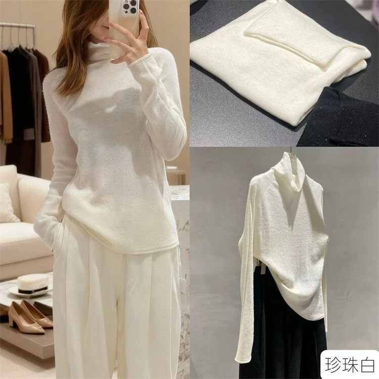 Anti-Needle Knit with Embedded Shiny Thread, Mini Sequins, Seamless Integrated Stacked Collar, 100% Wool Sweater, Straight-Cut Thin Pullover Sweater