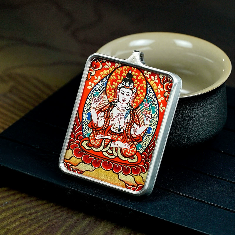 Thangka Yellow Fortune God Zakiram Wenshu Pharmacist Lvdu Mother Tibetan Thangka retro titanium steel pendant