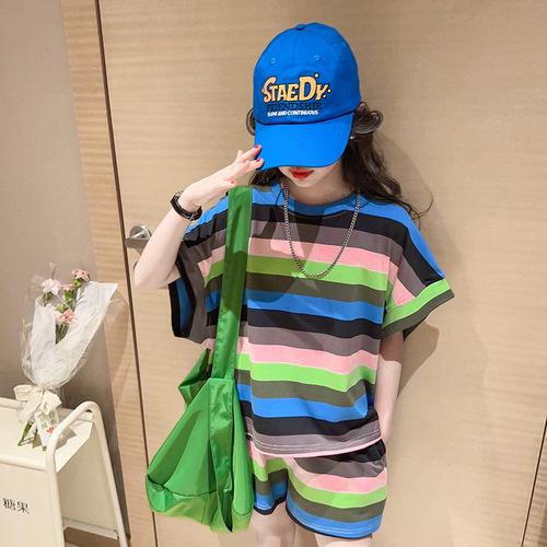 Fashionable sportswear set for girls, trendy  new children's summer colorful striped short-sleeve two-piece set