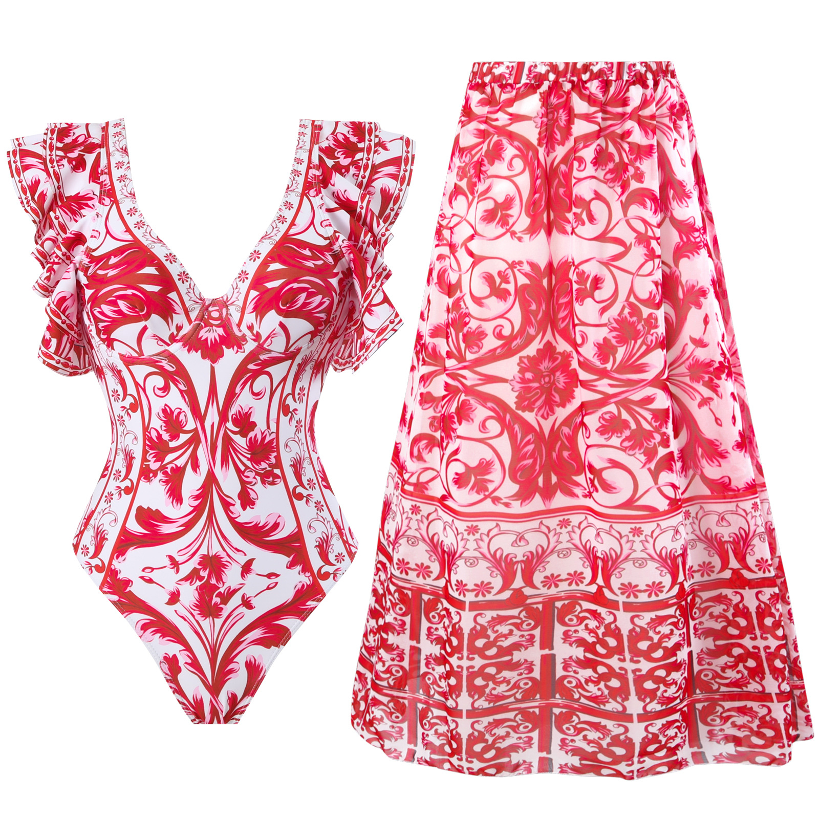 154g Weight Sleeveless Sleeve Length Polyester Fabric Type Regular Top Length One-pieces Tops Type 2 Pieces Set Quantity Swimming Occasion V Neck Neckline Slim Fit Type Printing, Ditsy Floral Pattern Women's Gender Elegant Style Women's Elegant Printing Ditsy Floral 2 Pieces Set One Piece Swimwear 无