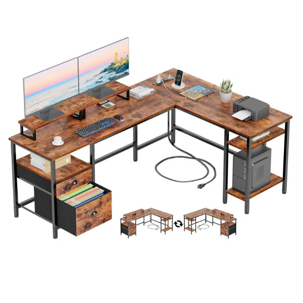 Cross-Border L-Shaped Computer Desk Gaming Desk with Storage Rack and Power Socket Suitable for Home Office Customization