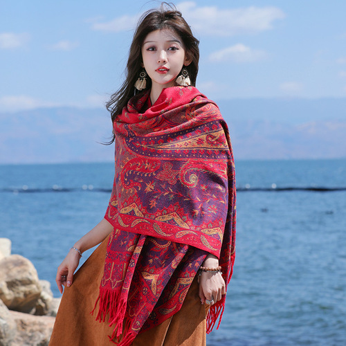 Yunnan Lijiang cashew ethnic style air-conditioned shawl dual-purpose versatile thickened scarf women's large long scarf winter shawl