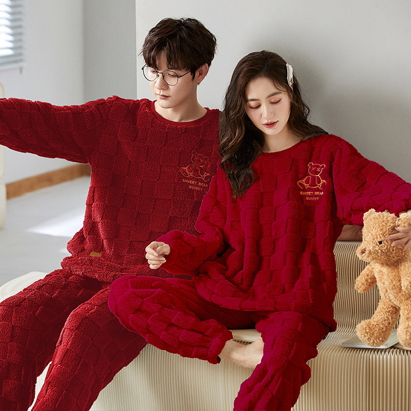 Pijamas de pareja roja engrosada coral polar Otoño e Invierno de las mujeres año de nacimiento boda festivo hombres de franela homewear