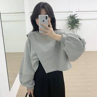 韩国chic秋季小众设计感套头圆领不规则开叉宽松百搭长袖短款卫衣
