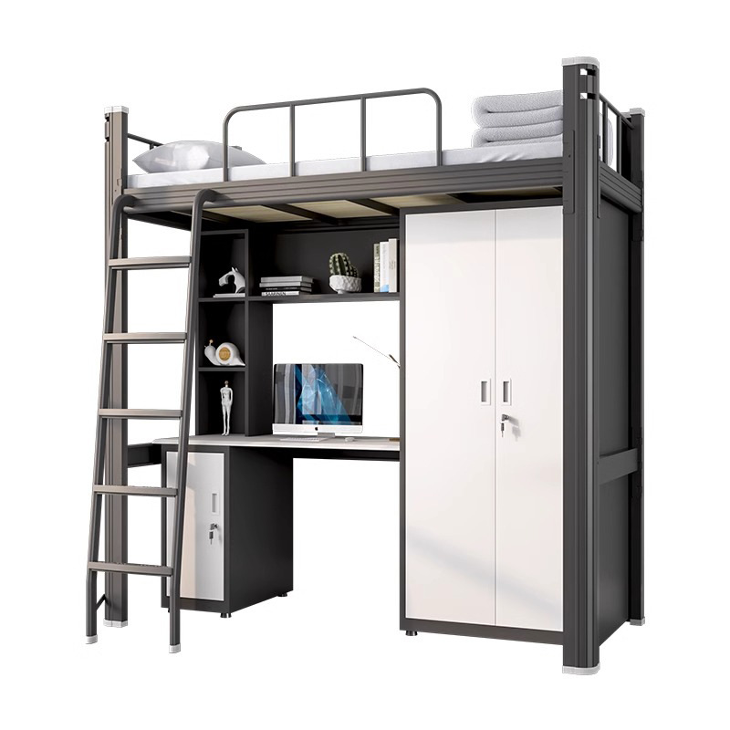 Cama de piso de fábrica de fuerza dormitorio de personal de cama de mesa de combinación de sábanas de escritorio de hierro cama cama de marco de escuela cama elevada