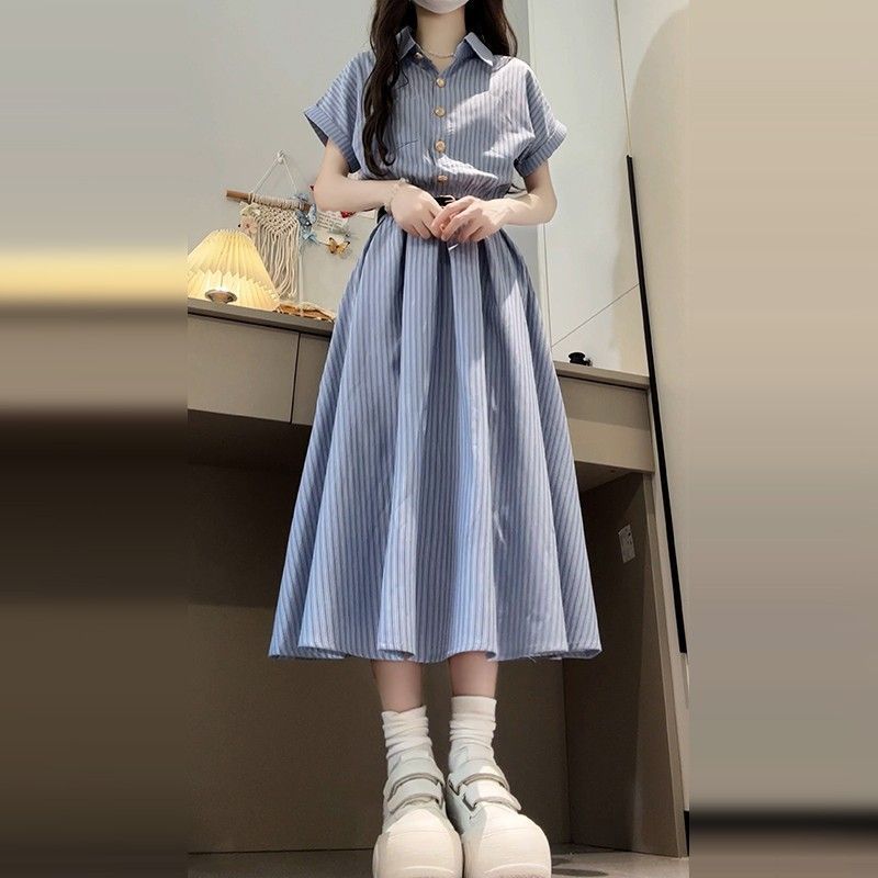 韓国カレッジスタイルシャツドレスレディースユニークで美しいピンチウエストスカート2025年夏新作ウエストロングスカート|undefined