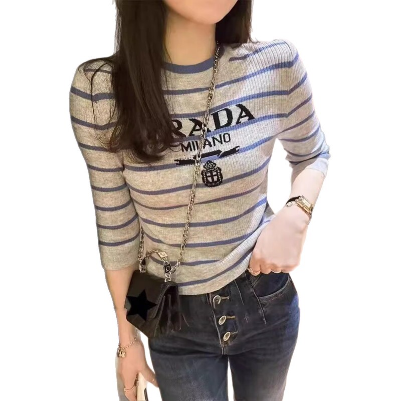 圆领字母条纹针织衫女春夏秋款时尚百搭修身显瘦内搭中袖针织毛衣|undefined