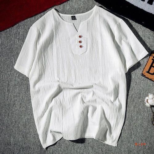 Summer Cotton Linen Short Sleeve T-shirt for Men in Oversized Semi-Shirt Style, Chinese Style Fashion Brand Linen V-Neck Top