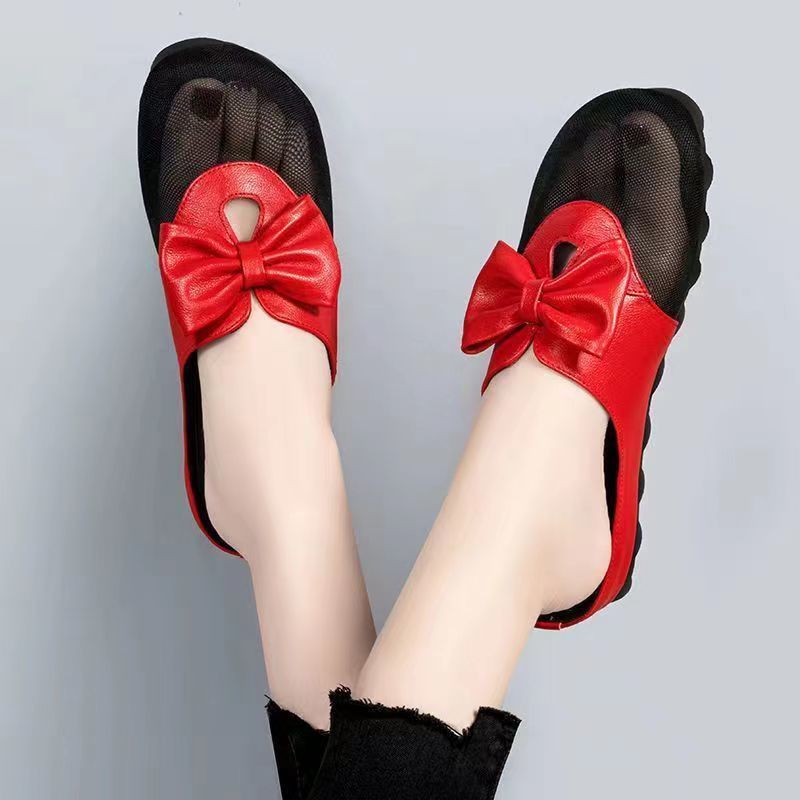 Zapatillas de malla para mujeres de verano 2022 nuevo arco de cuero suave plano zapatillas frías suaves antideslizantes zapatos