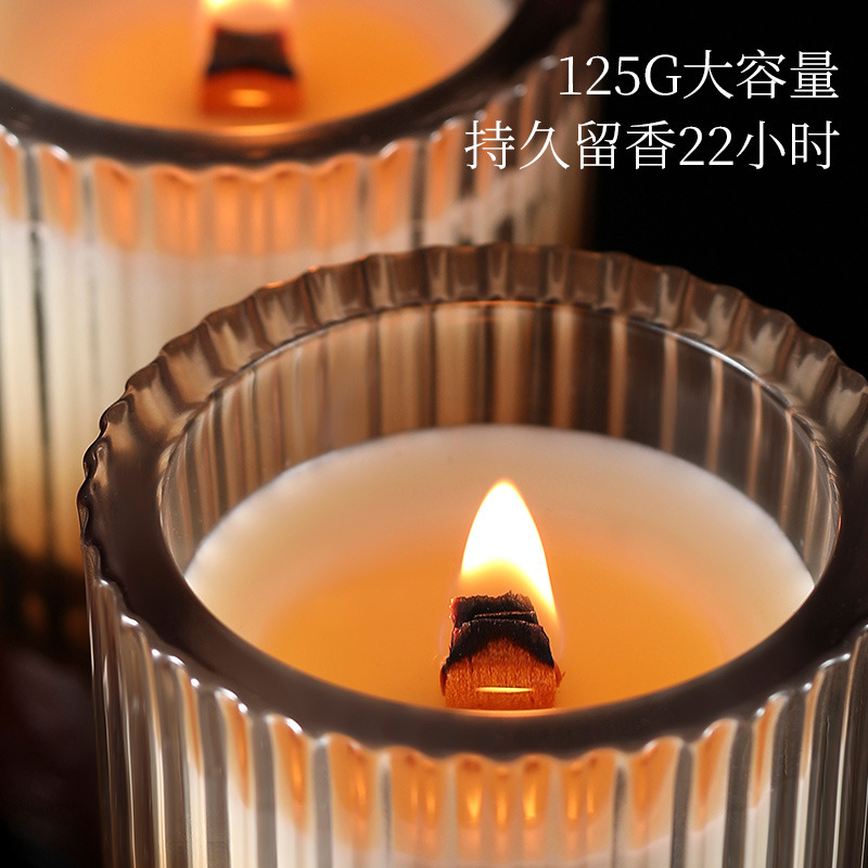 疏影琉璃条纹杯香薰蜡烛木质蜡芯伴手礼香薰白噪音蜡烛高级感香氛|undefined