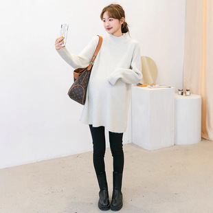 Autumn and Winter Pregnant Women's Dress Korean Style Pregnant Women's Sweater Half-turtleneck Mid-length Temperament Pregnant Women's Base Sweater Loose Casual