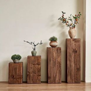 Wabi-Sabi Style Square Wooden Stool Flower Stand Log Tree Stump Coffee Table Side Table Retro Natural Solid Wood Base Ornaments