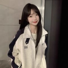 美式国潮撞色翻领棒球服外套女春秋宽松小众别致情侣开衫夹克卫衣