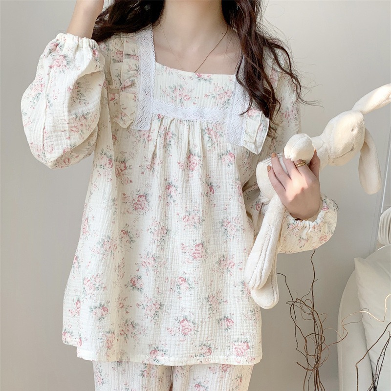 纯棉韩版春季新款睡衣女套装法式甜美蕾丝繁华浪漫可外穿家居服