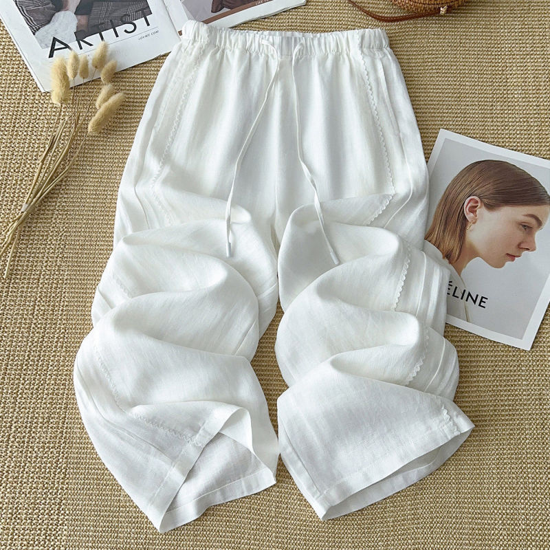 Light Luxury White Linen Wide-Leg Pants for Women, Summer Thin Style, 2026 New Model, Loose Casual Pants, Ice Silk Linen Straight-Leg Pants