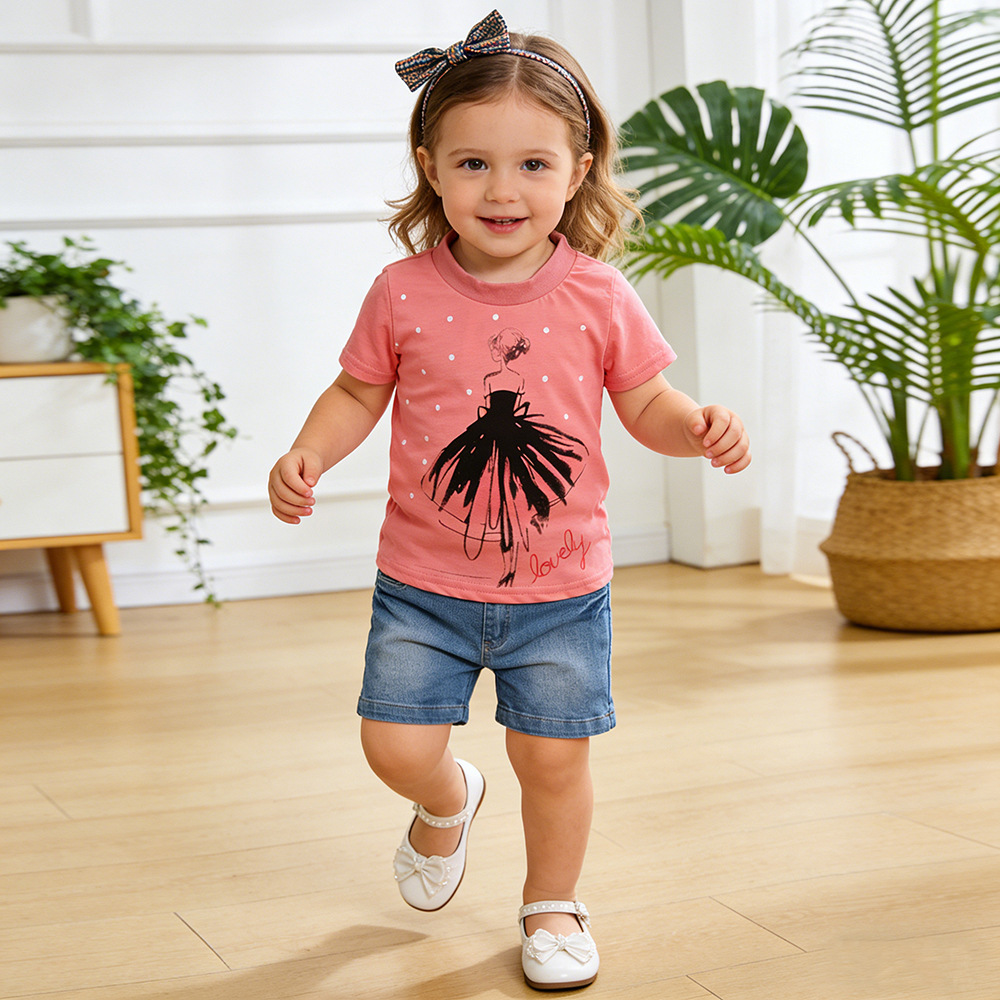 2026 Summer Girls' Outfit Set for Young Children, Casual Short-Sleeve T-Shirt and Denim Shorts Two-Piece Children's Clothing, One-Piece Wholesale