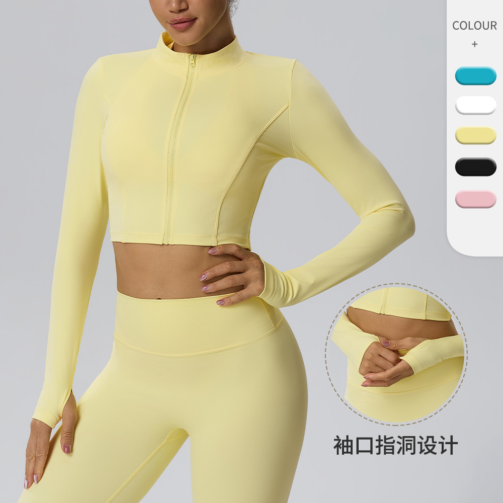 European and American style zippered quick-dry sports jacket for women, short length, stand-up collar, long sleeves, suitable for yoga, outdoor running, and fitness, cardigan 62622