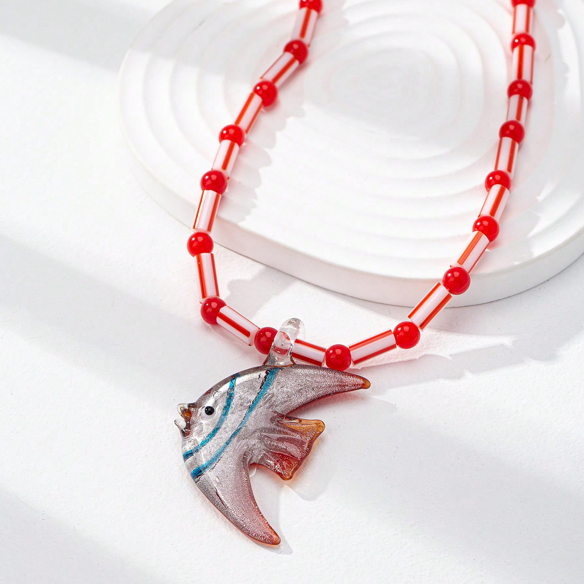Casual, Holiday Occasion Glass Material Fish Pattern Cute Marine Style Fish Glass Beaded Chain Lobster Trigger Clasp Closure Pendant Necklaces Wholesale