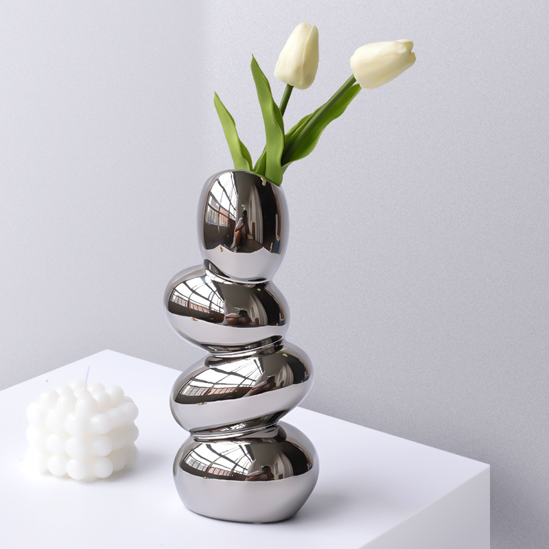 Nordic light luxury electroplated silver special-shaped ceramic vase ornaments living room dining room villa model room designer decorations