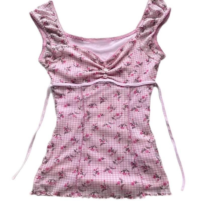2025 新しい夏のピンクガール花柄甘いスタイル V ネックストラップデザインスリムウエストトップ Tシャツ女性のための|undefined