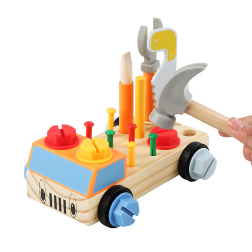 Cross-border hot-selling infant and toddler combination toys, simulation repair disassembly matching wooden screw nut building block car 
