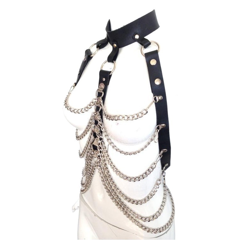 Cadena de cuero de una pieza de moda todo fósforo superior de cuero cadena ropa bar rendimiento Ropa Accesorios