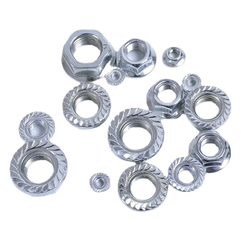 Tuerca de brida, accesorios de ferretería planos dentados, tuerca de acero al carbono 6177M3-M16, tuerca hexagonal, tuerca de fijación antiaflojamiento.