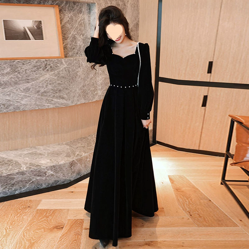 Черное вечернее платье 2025, новое осенне-зимнее платье для ведущей банкета, элитное стройное платье в стиле Хепберн
