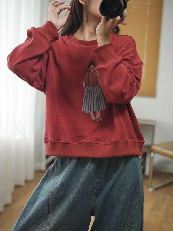 2025秋季新款 简约女孩印花拼接做旧卫衣 宽松圆领套头卫衣上衣女|undefined
