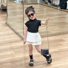 童裝女童t恤2024夏裝黑色半高領彈力針織短袖t恤女孩純色收腰上衣