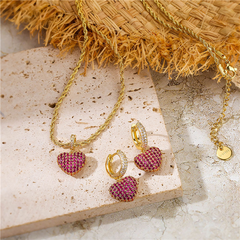 15g Weight Rhinestones Inlay Material Earrings, Necklace Classification Earrings + Necklace Quantity Simple Style Heart Shape Copper Inlay Rhinestones Earrings Necklace