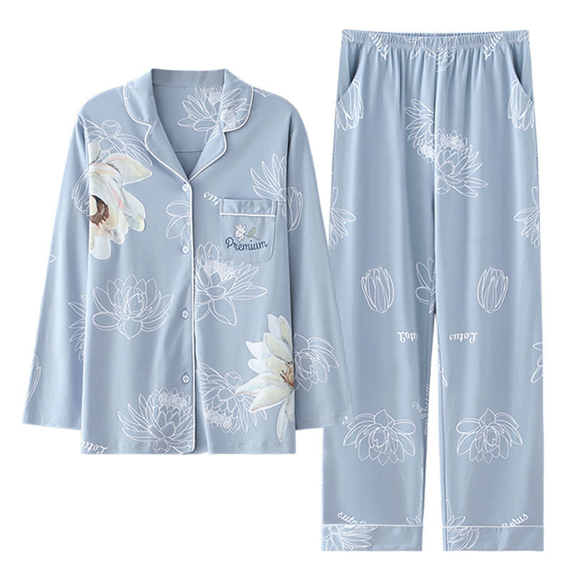 Pijamas de mujer primavera y otoño 100% algodón de manga larga ropa para el hogar Otoño e Invierno delgada madre de mediana edad