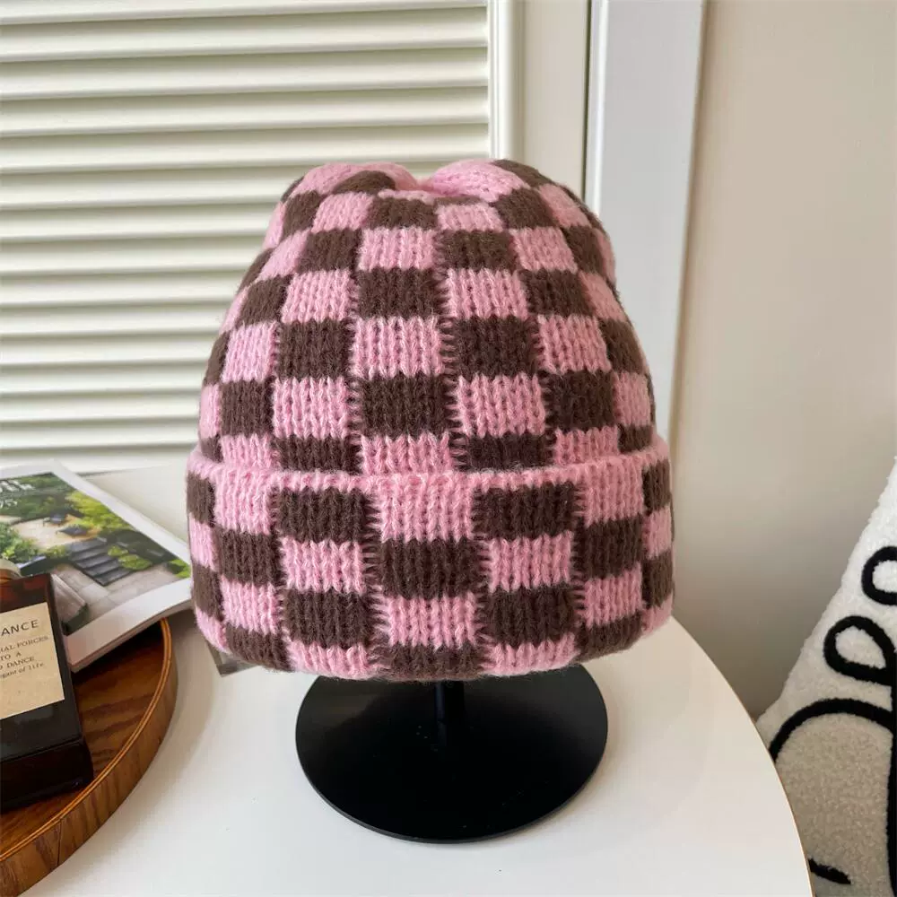 Demi-season double-layer chess, universal keep warm woolen knitted hat, increased thickness, oversize
